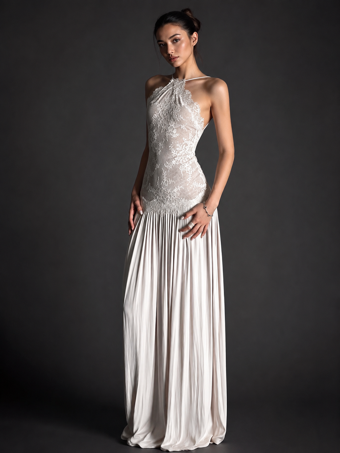 Elowen Lace Bodice Pleated Halter Maxi Dress