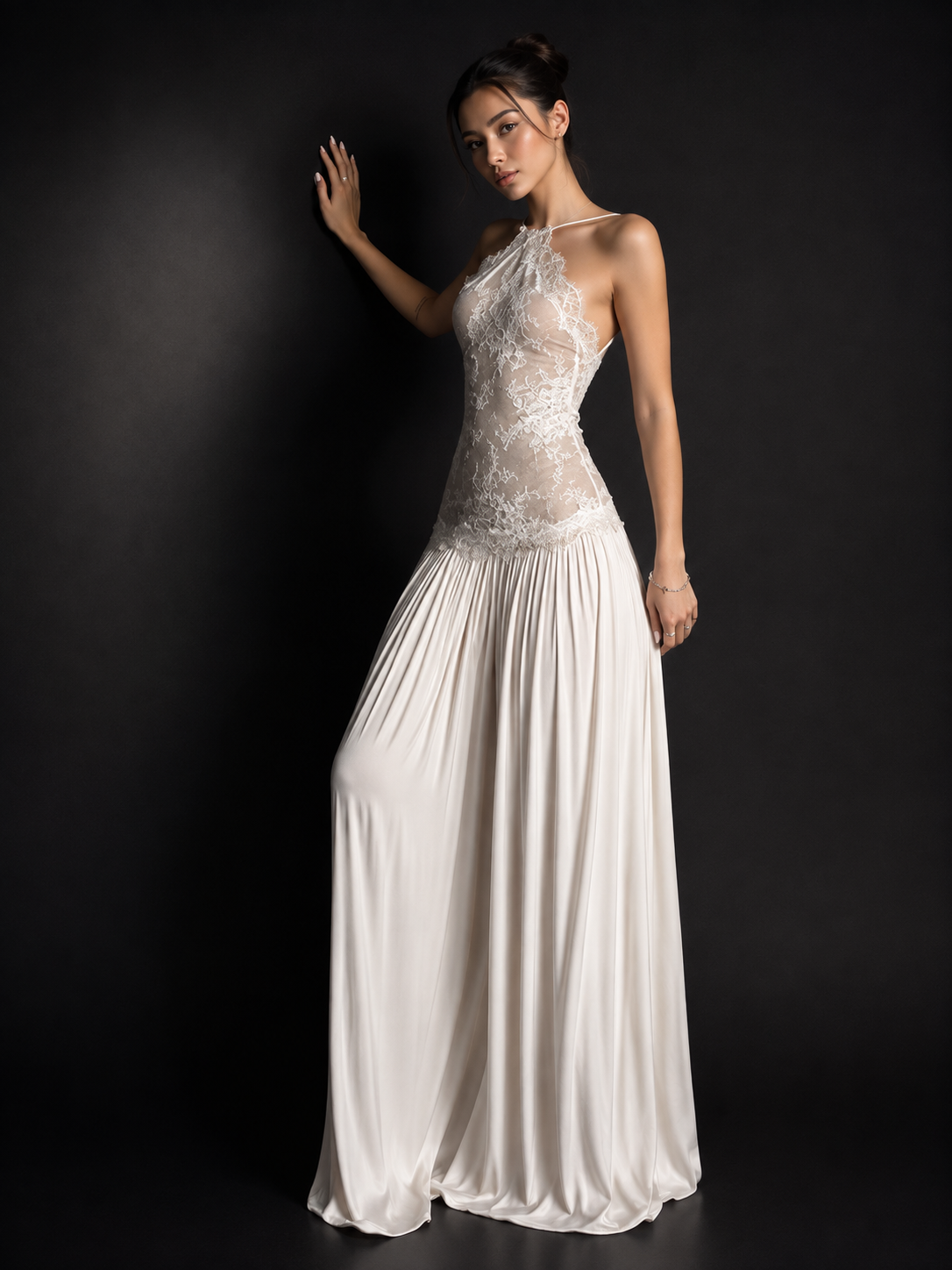 Elowen Lace Bodice Pleated Halter Maxi Dress