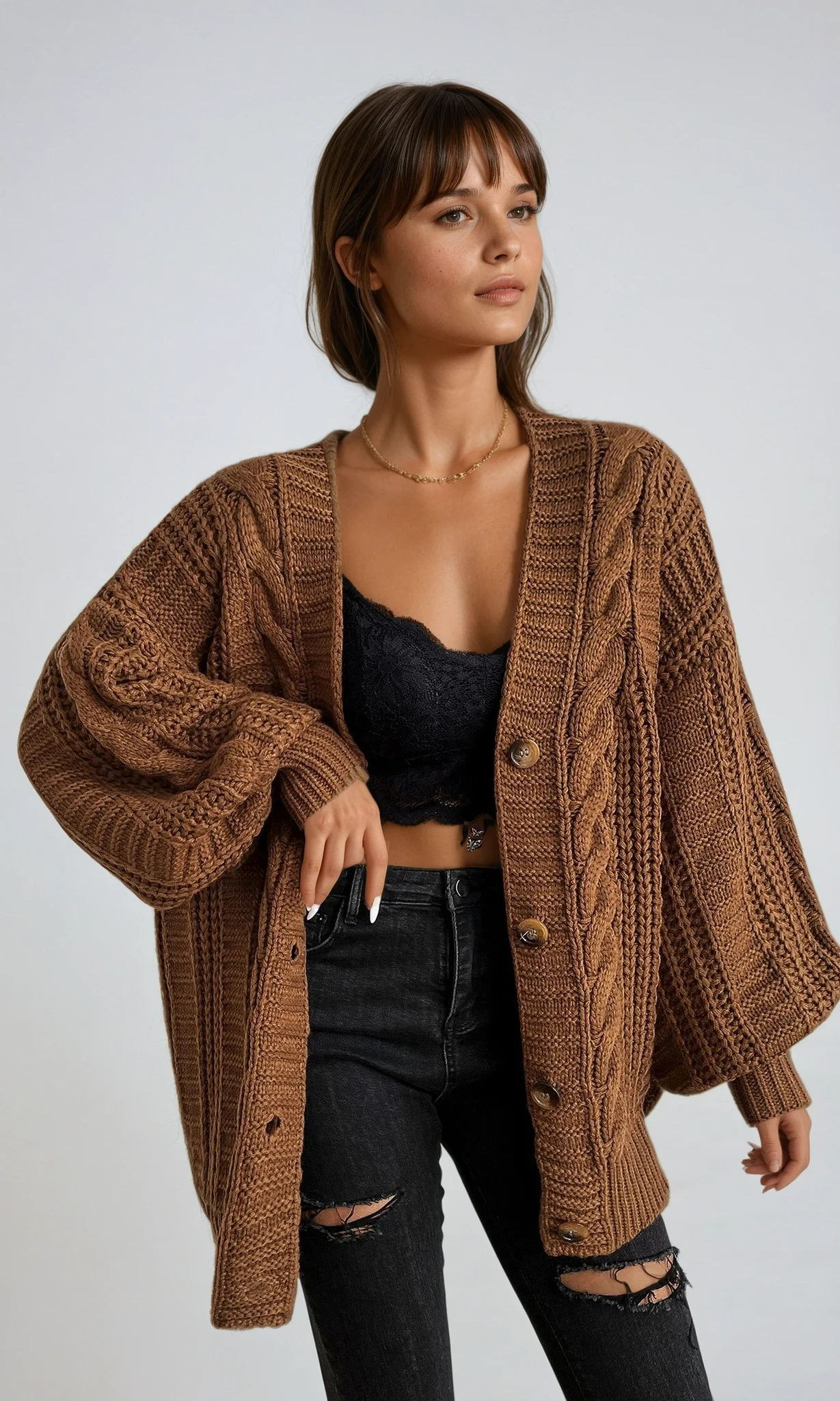 Elowen Oversized Chunky Cable-Knit Cardigan