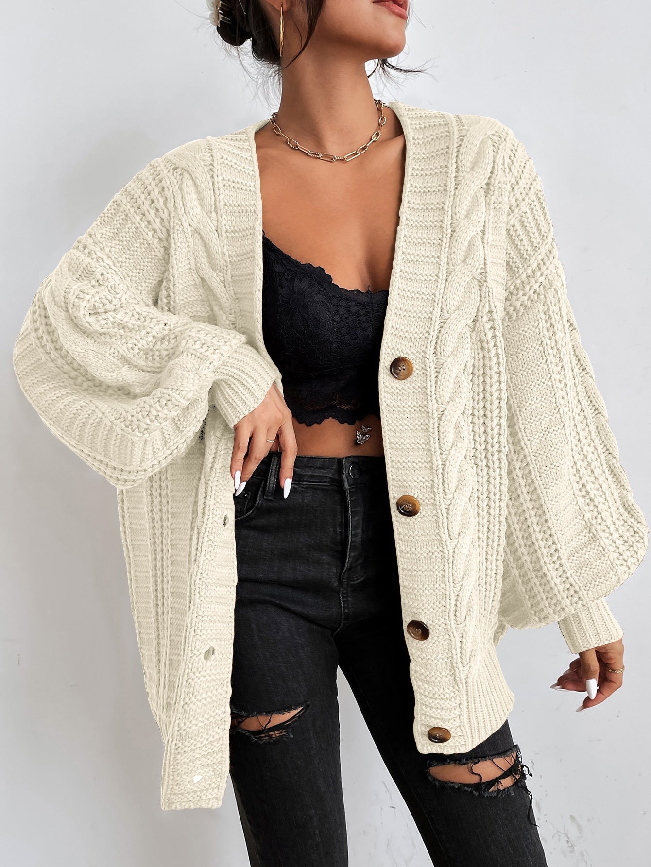 Elowen Oversized Chunky Cable-Knit Cardigan