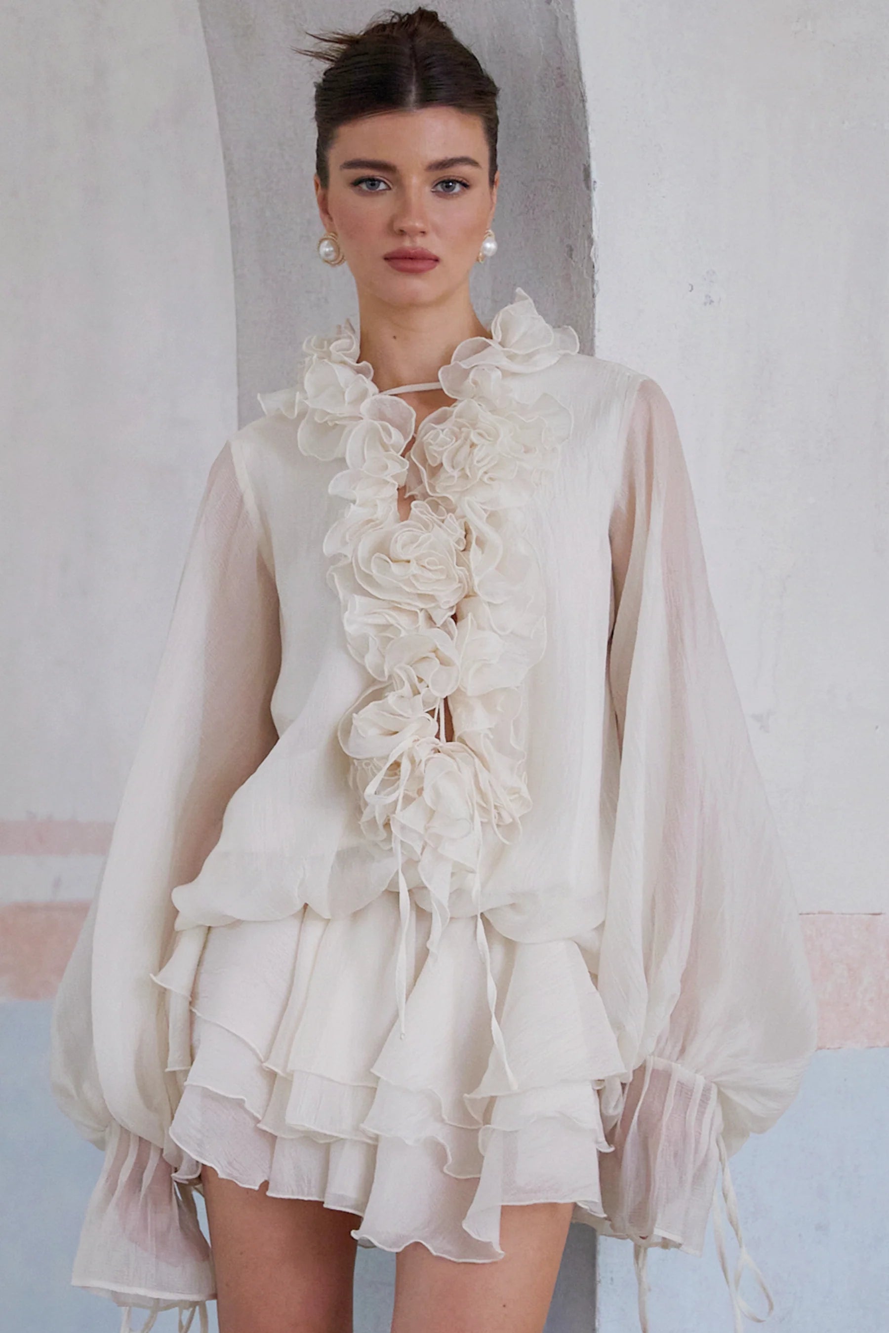 Elowyn Floral Ruffle Mini Dress Sheer Sleeve