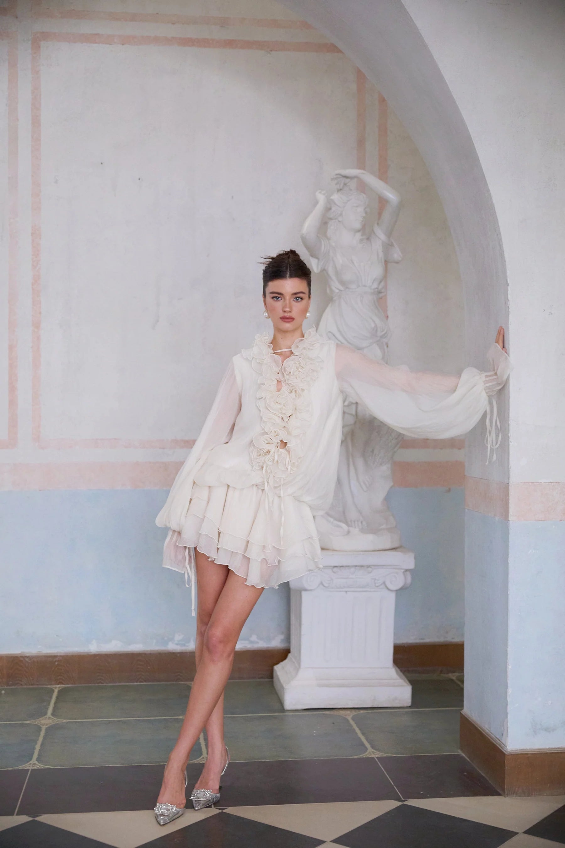 Elowyn Floral Ruffle Mini Dress Sheer Sleeve
