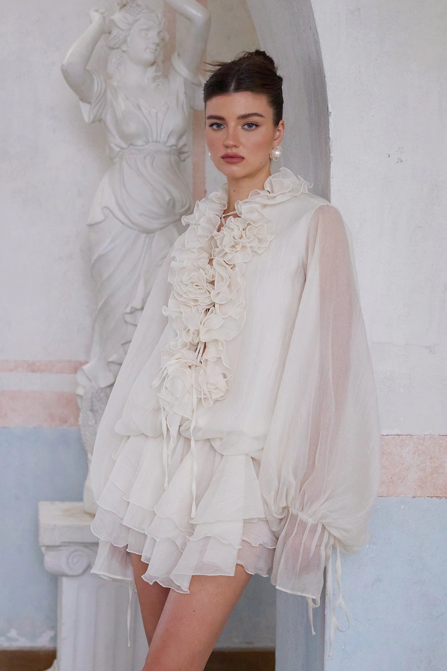 Elowyn Floral Ruffle Mini Dress Sheer Sleeve