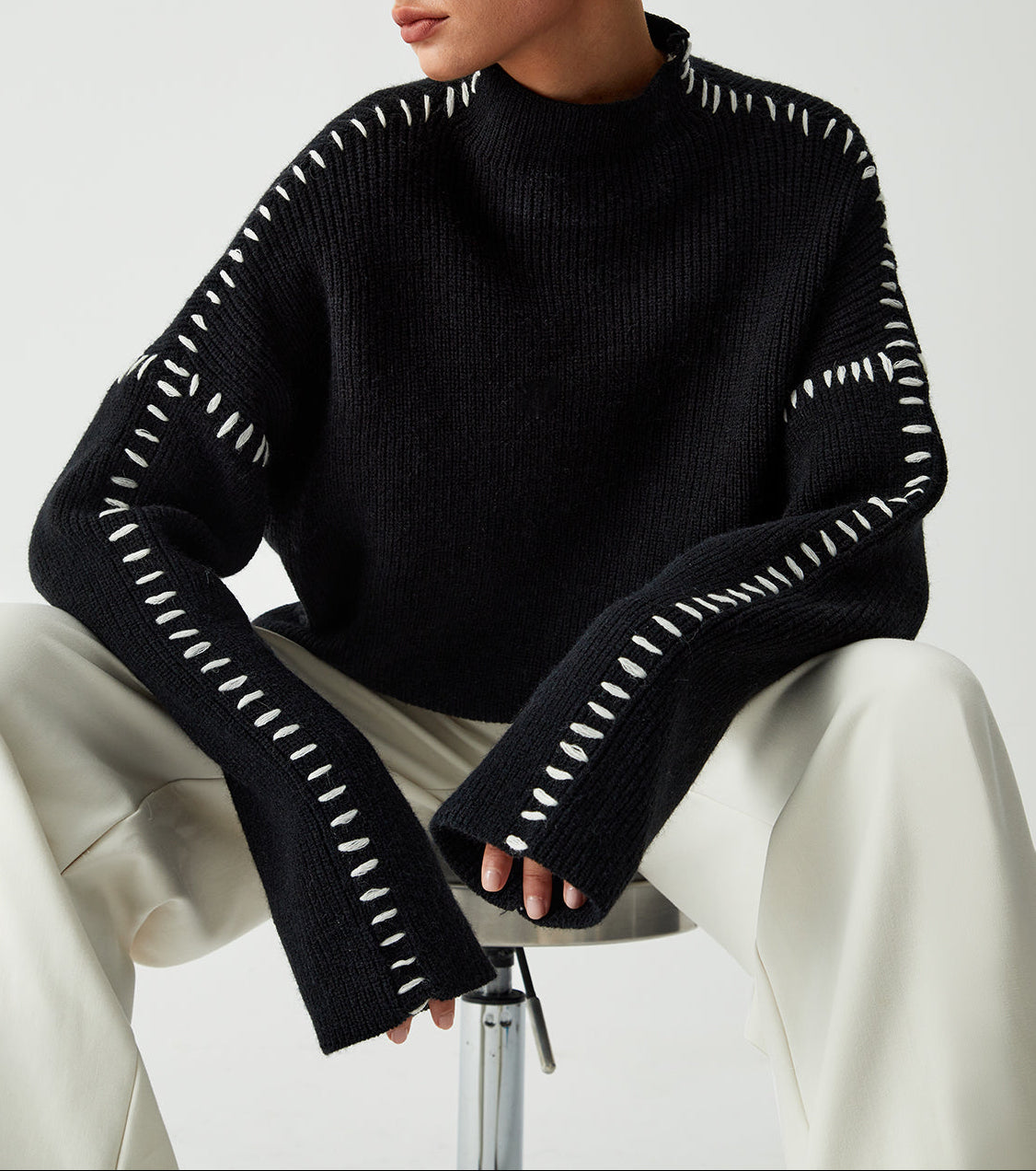 Elowyn Oversized Contrast Stitch Knit Sweater