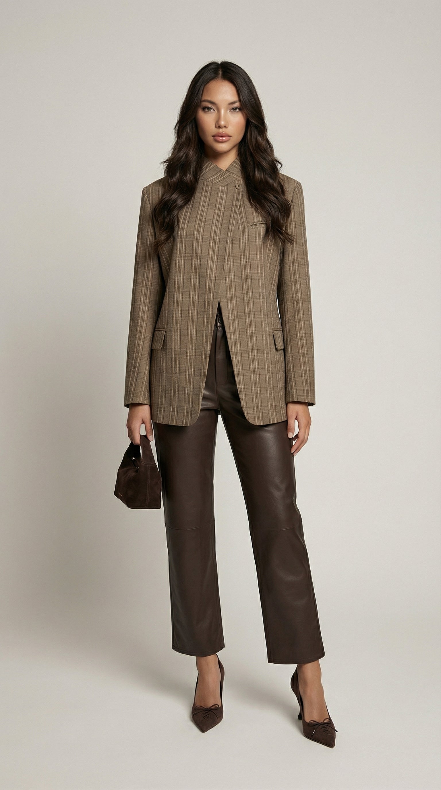 Elowyn Structured Plaid Stand Neck Blazer