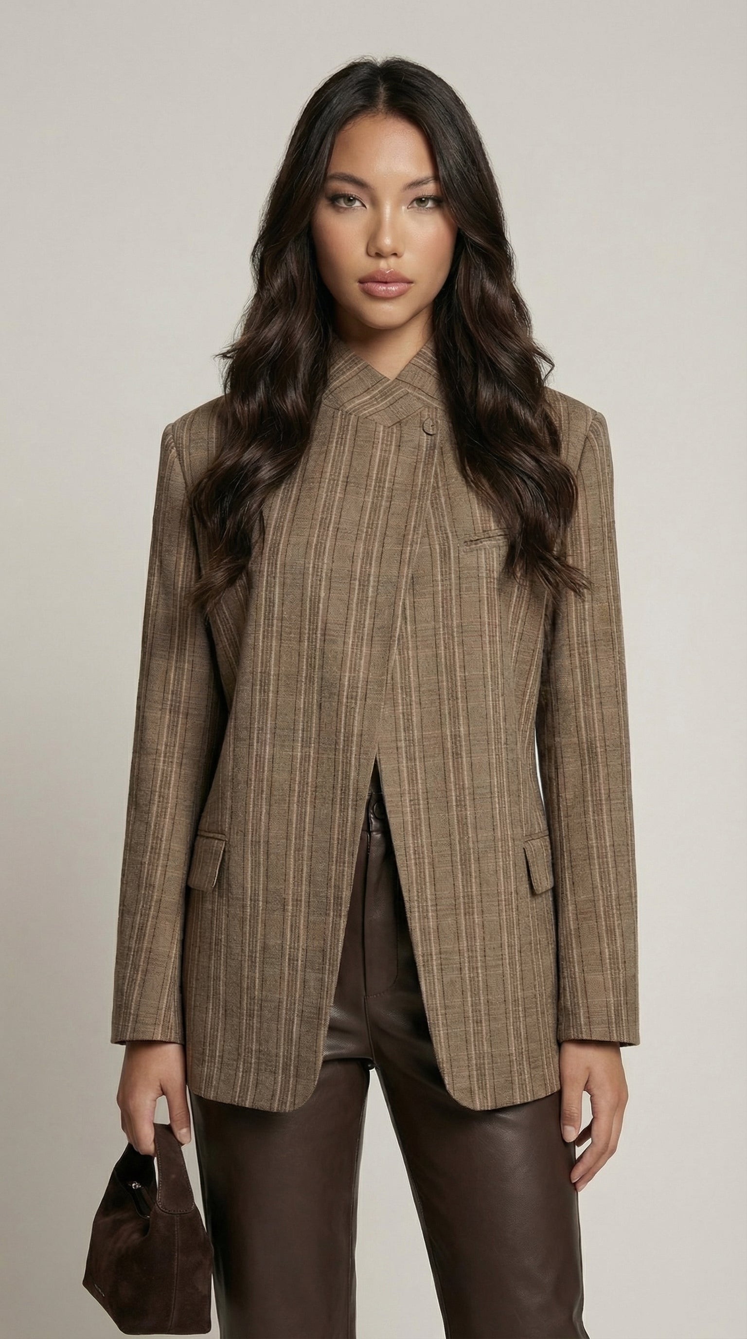 Elowyn Structured Plaid Stand Neck Blazer