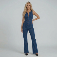 Elowyn Zip Front Denim Jumpsuit Structured Wide Leg
