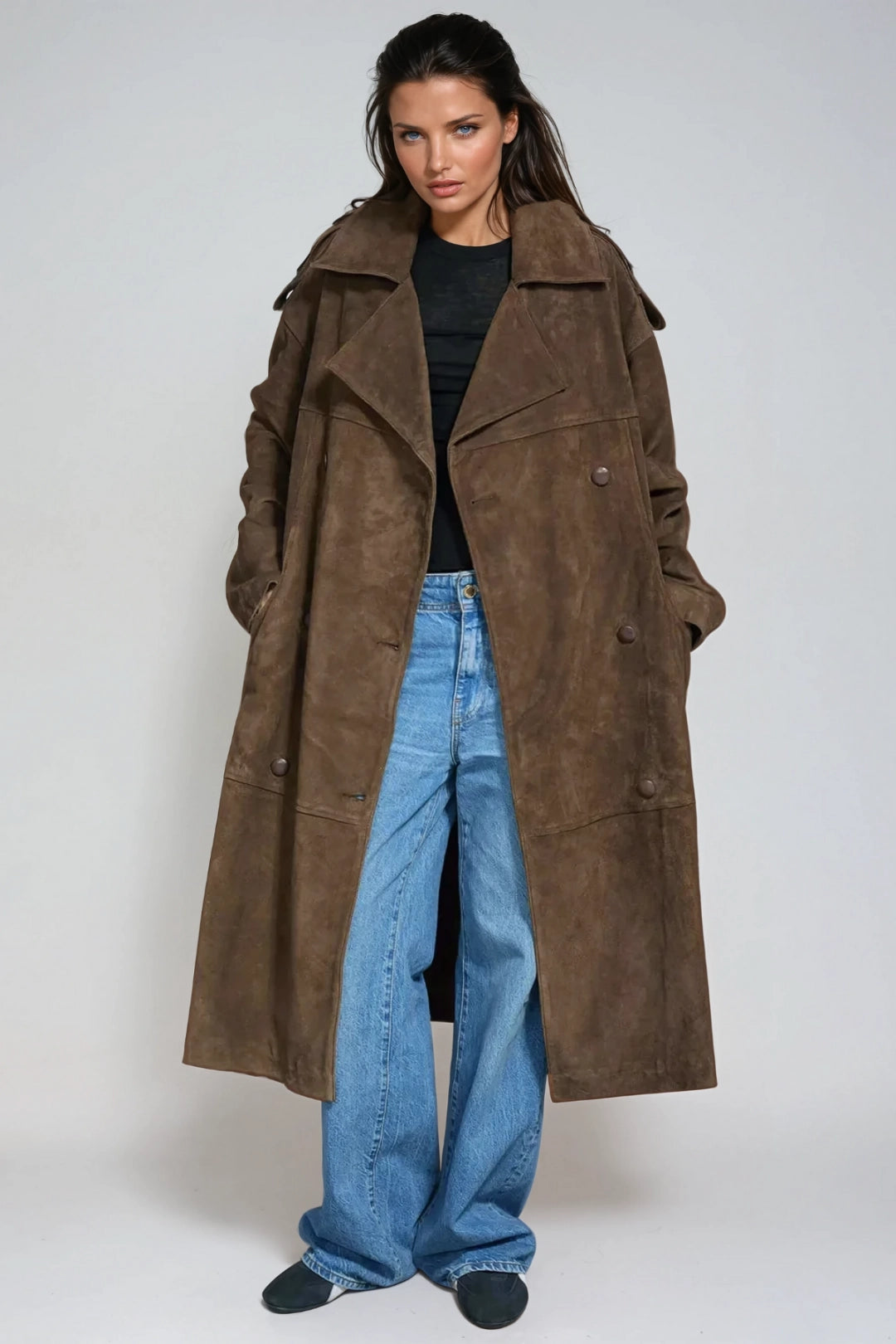 Evangeline Oversized Longline Faux Suede Trench Coat