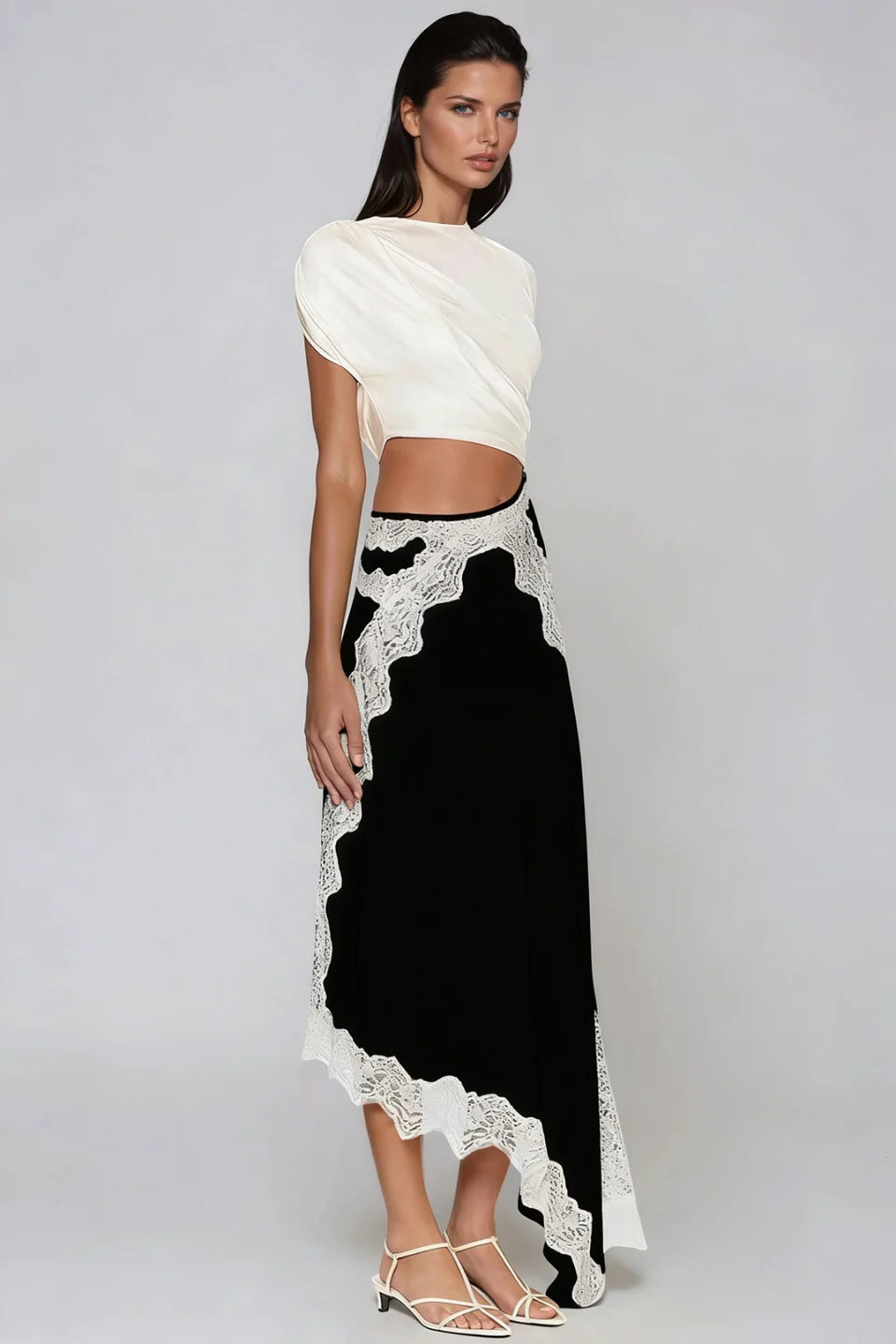 Evelisse Asymmetrical Satin Lace Maxi Dress Cutout