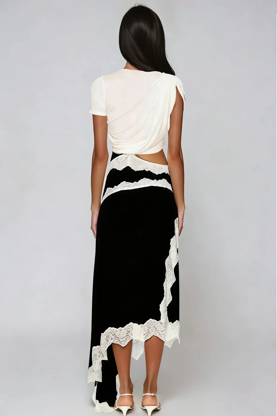 Evelisse Asymmetrical Satin Lace Maxi Dress Cutout