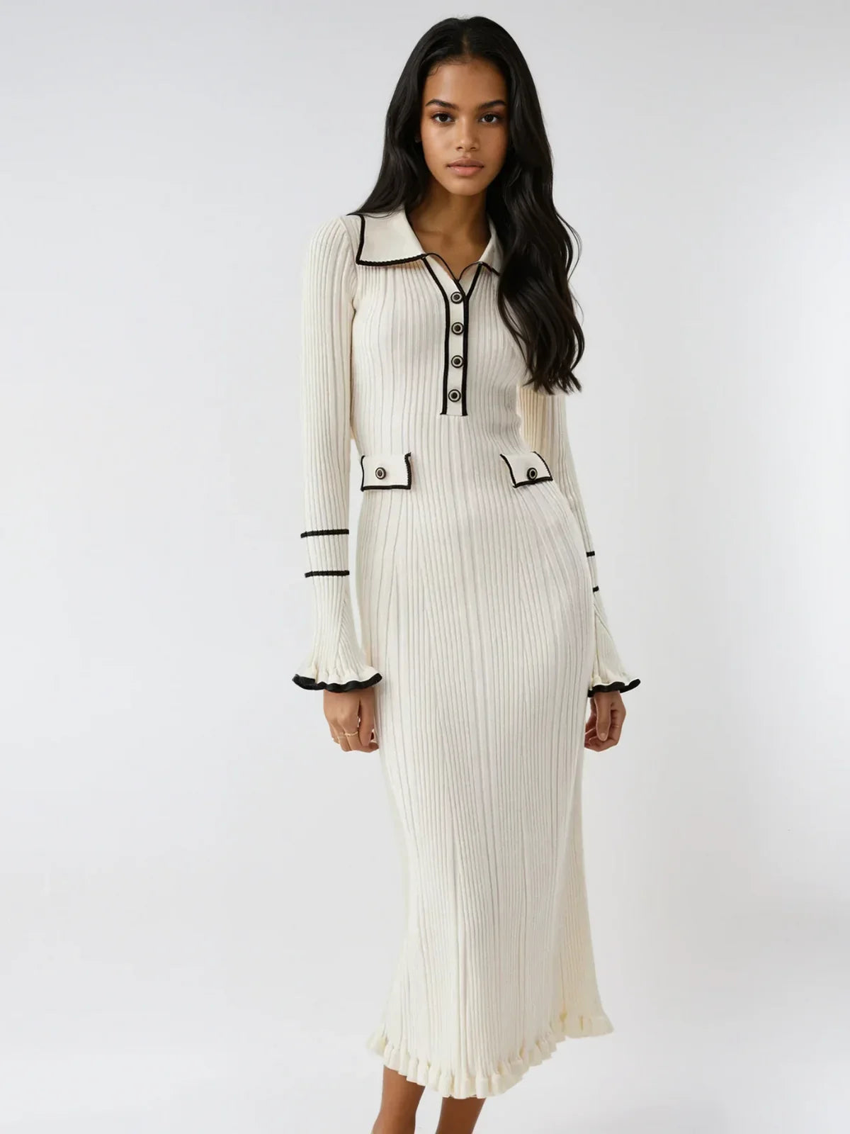 Evelisse Ribbed Ruffle Detail Midi Dress