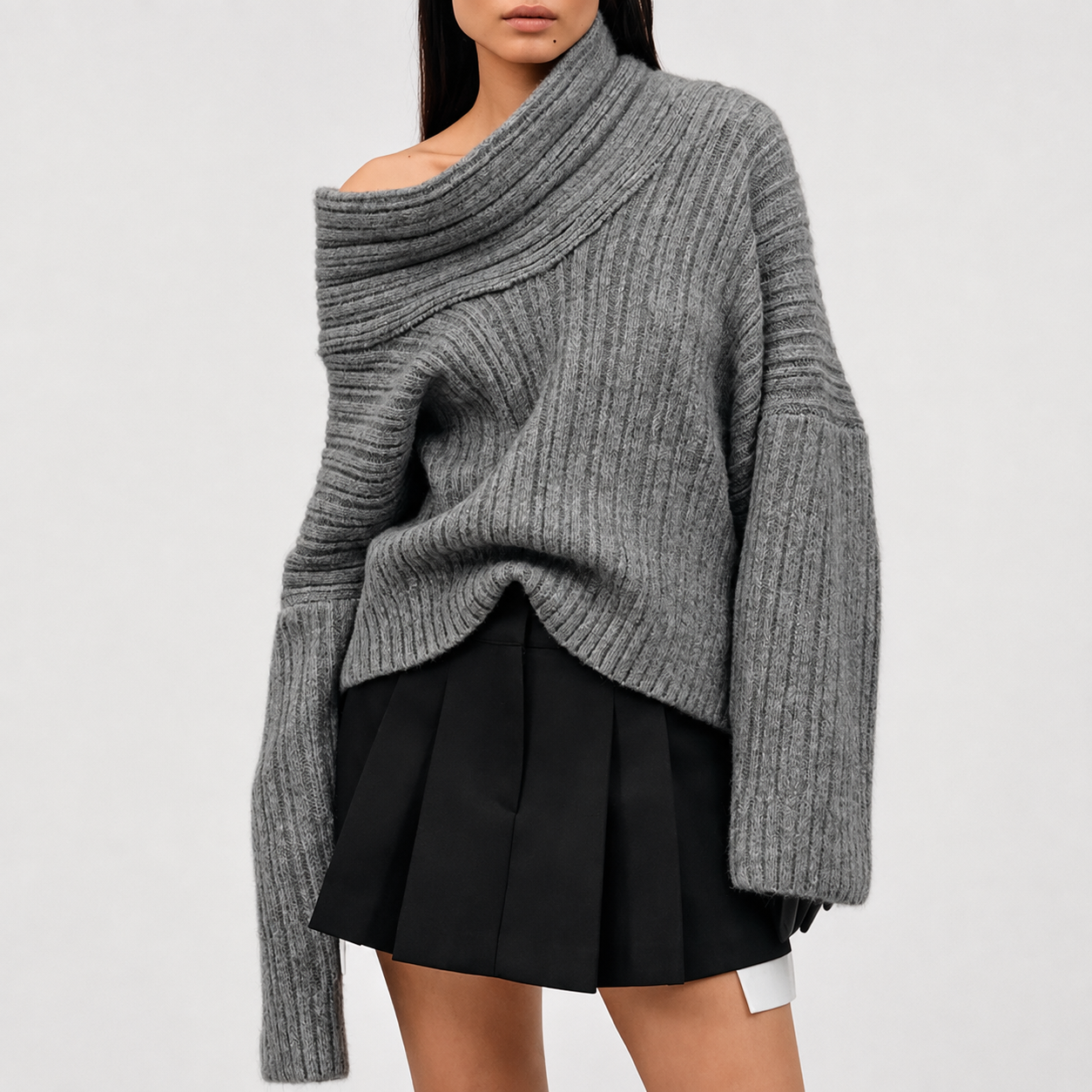Evelyn Asymmetric Off-Shoulder Ribbed Knit Sweater