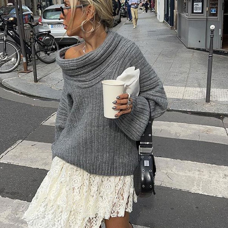 Evelyn Asymmetric Off-Shoulder Ribbed Knit Sweater