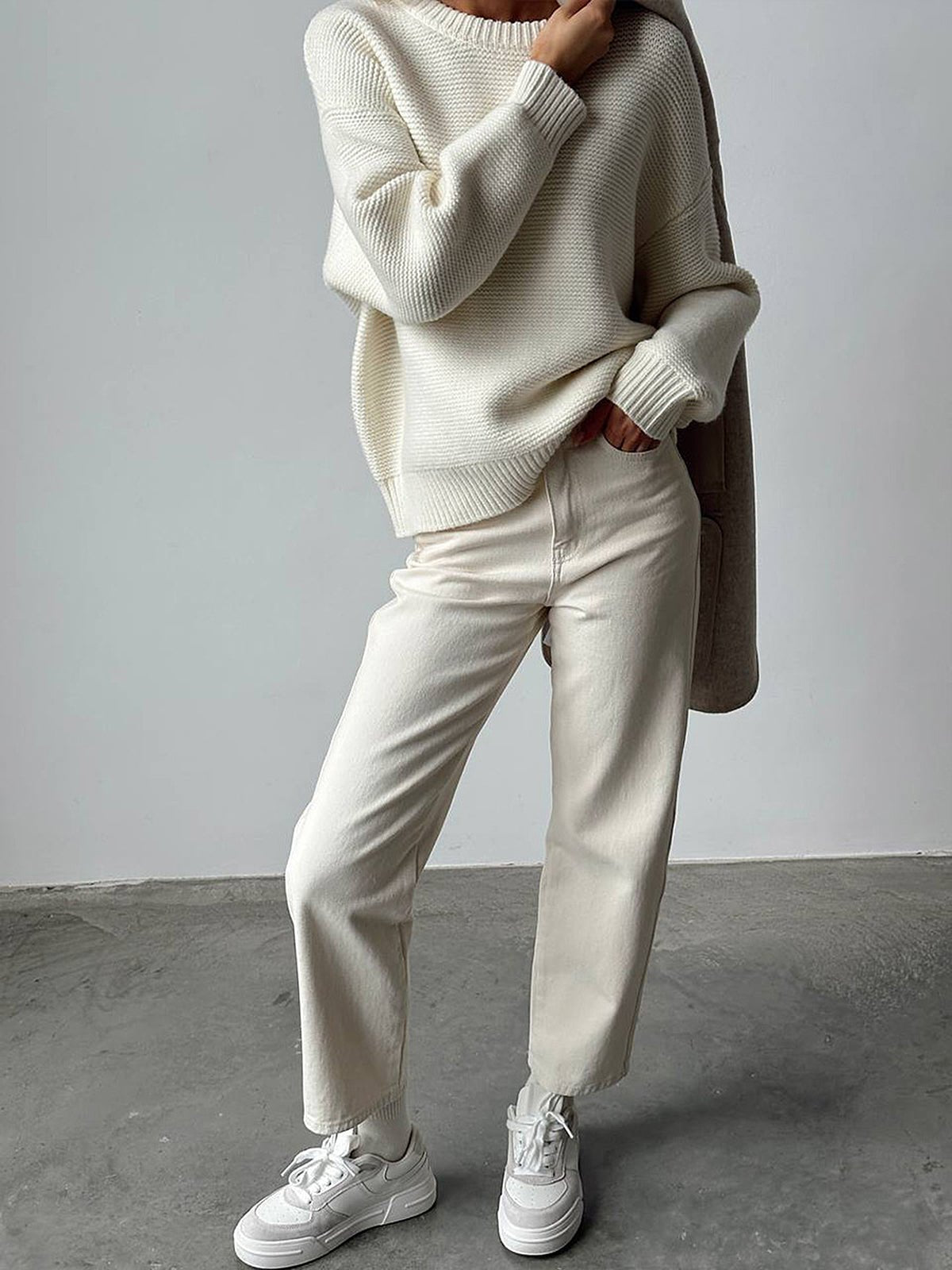 Evelyn Cream Heavyweight Textured Knit Sweater