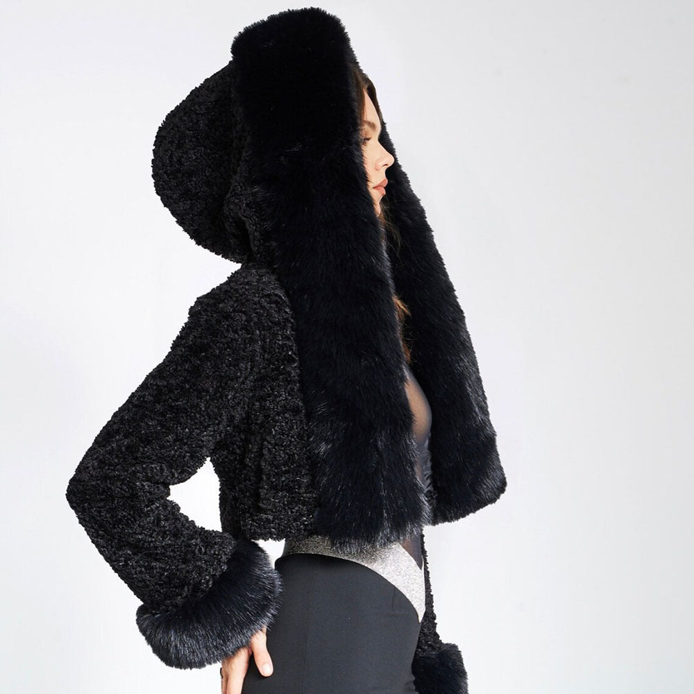 Evelyn Faux-Fur Cropped Hooded Jacket