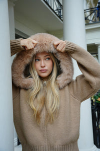 Evelyn Faux-Fur Hooded Zip Knit Cardigan Jacket