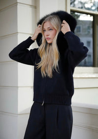 Evelyn Faux-Fur Hooded Zip Knit Cardigan Jacket