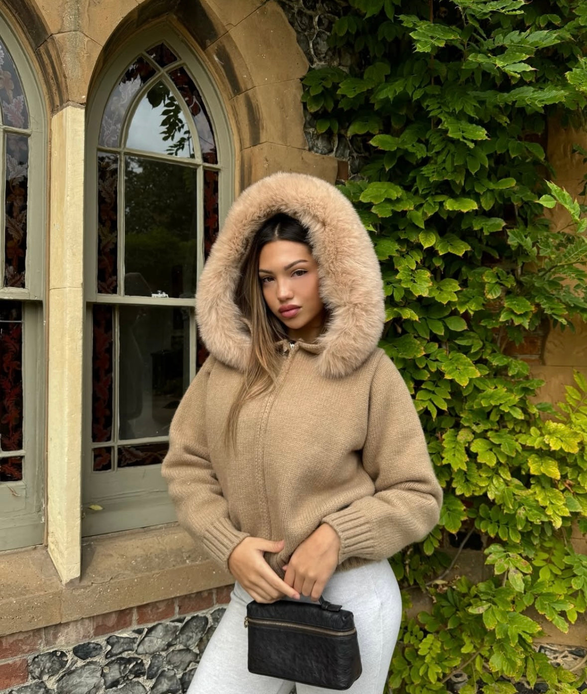 Evelyn Faux-Fur Hooded Zip Knit Cardigan Jacket
