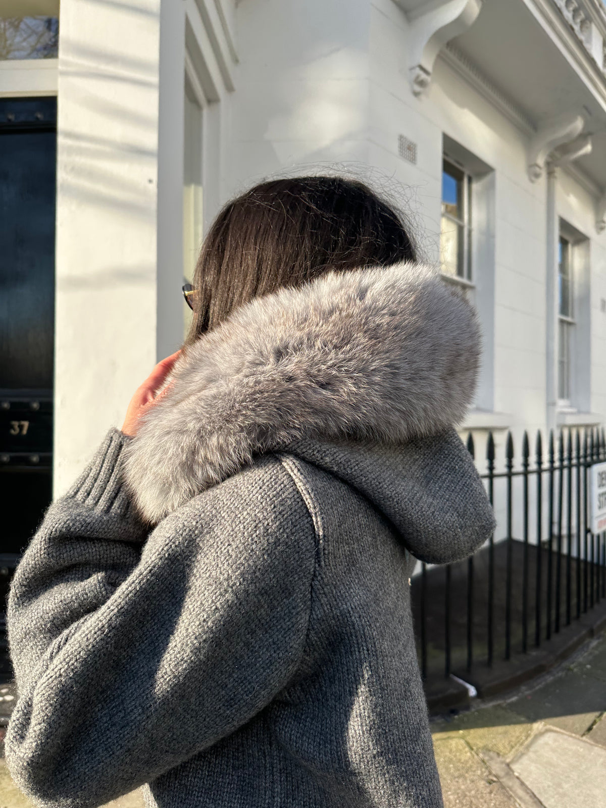 Evelyn Faux-Fur Hooded Zip Knit Cardigan Jacket