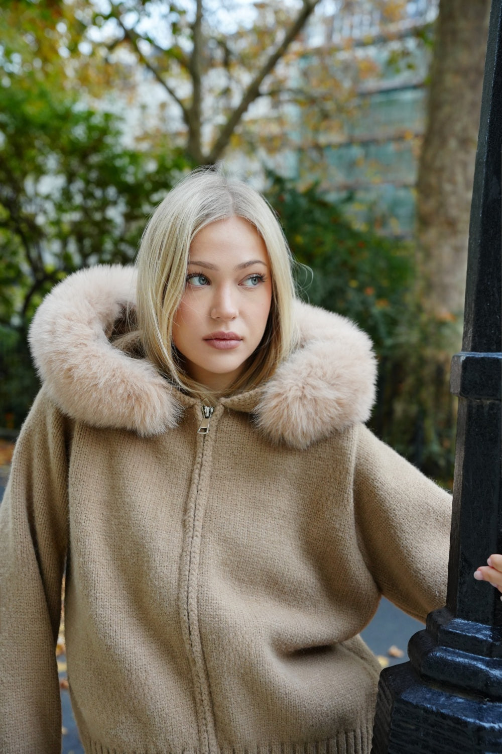 Evelyn Faux-Fur Hooded Zip Knit Cardigan Jacket
