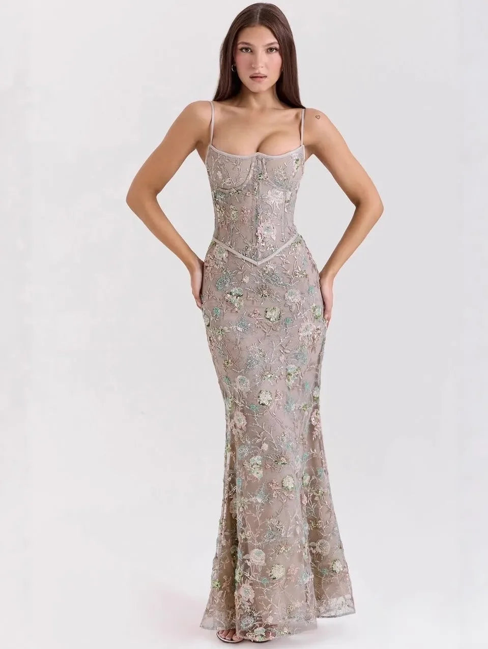 Evelyn Floral-Embroidered Corset Tulle Gown