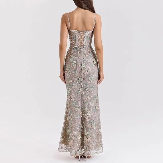 Evelyn Floral-Embroidered Corset Tulle Gown