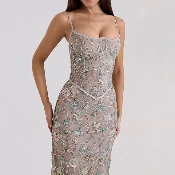 Evelyn Floral-Embroidered Corset Tulle Gown