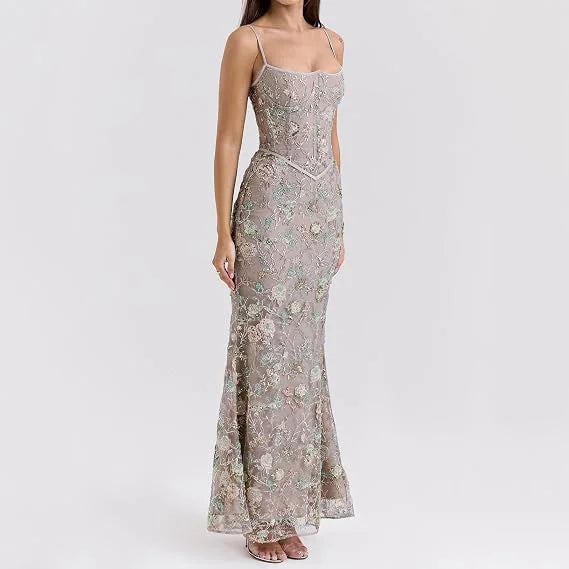 Evelyn Floral-Embroidered Corset Tulle Gown