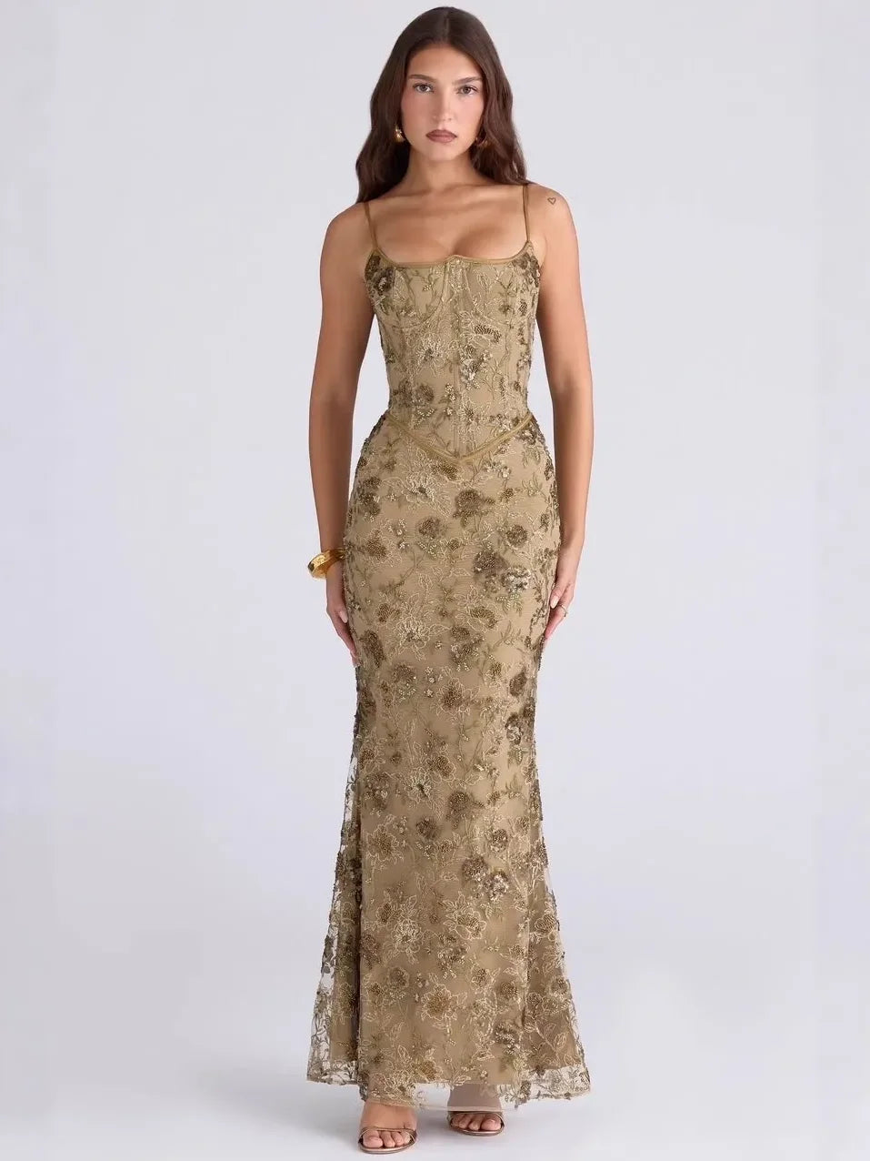 Evelyn Floral-Embroidered Corset Tulle Gown