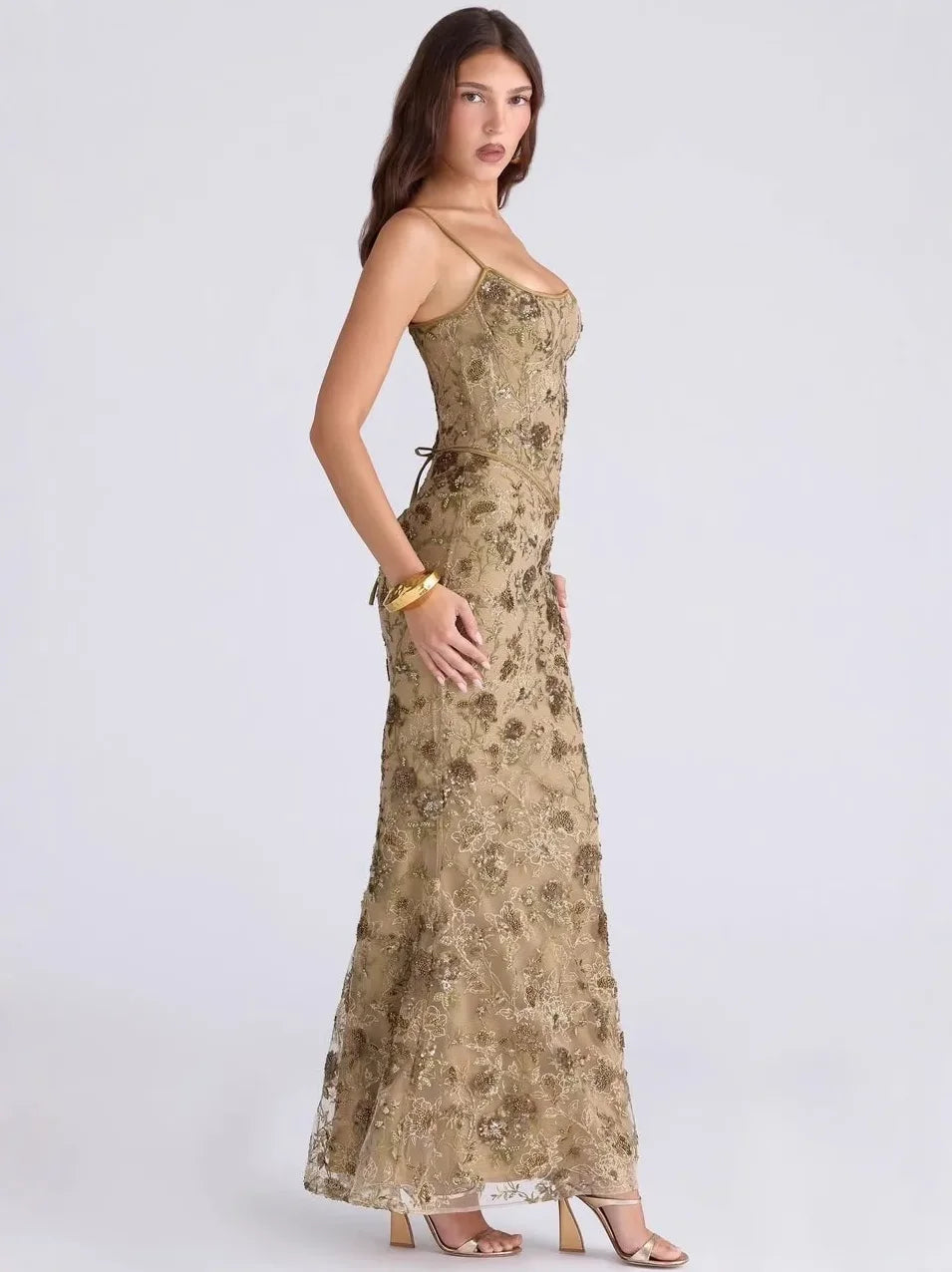 Evelyn Floral-Embroidered Corset Tulle Gown