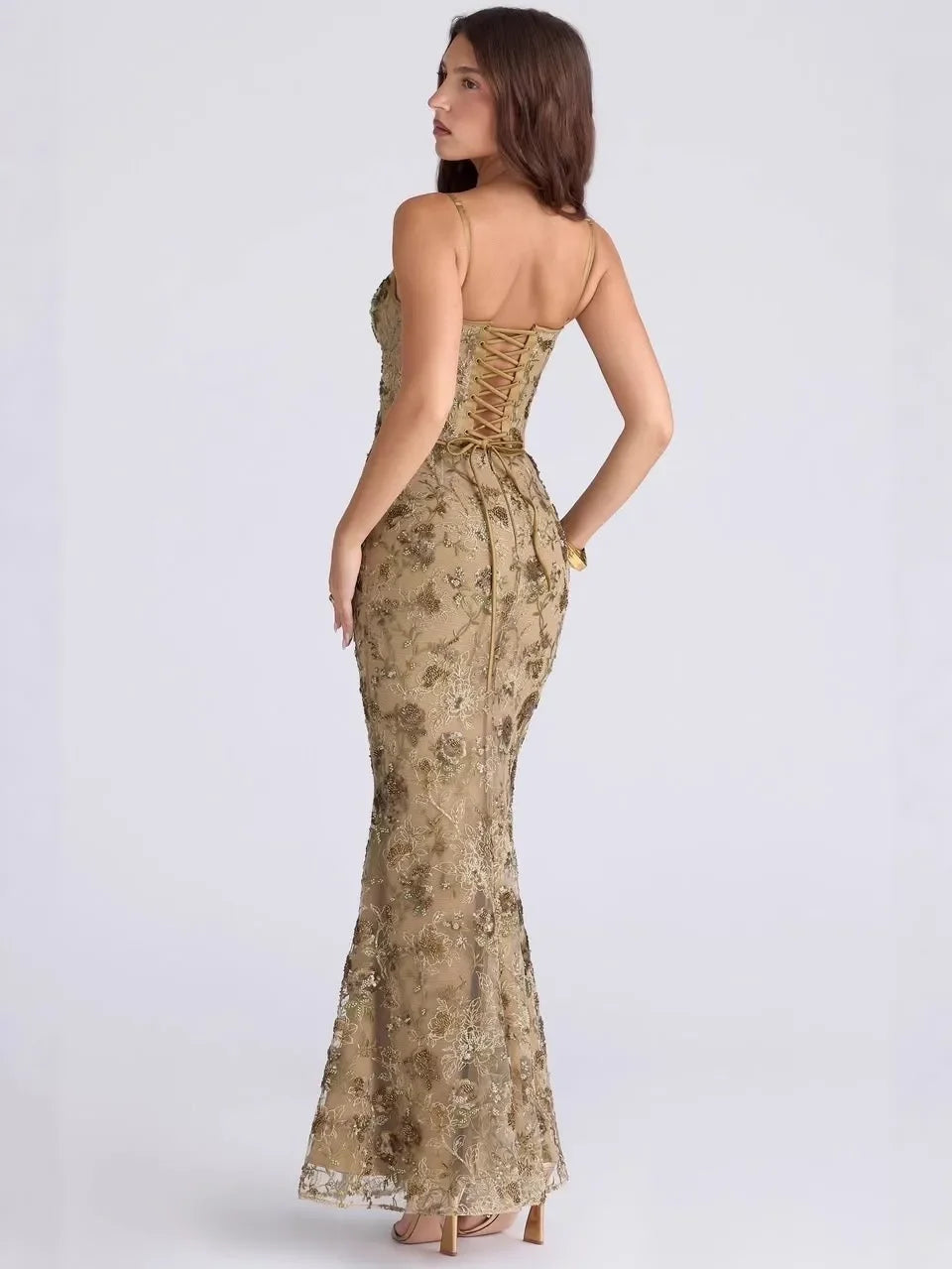 Evelyn Floral-Embroidered Corset Tulle Gown