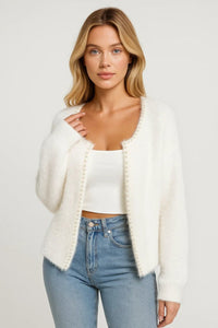 Evelyn Pearl-Trim Fluffy Knit Cardigan