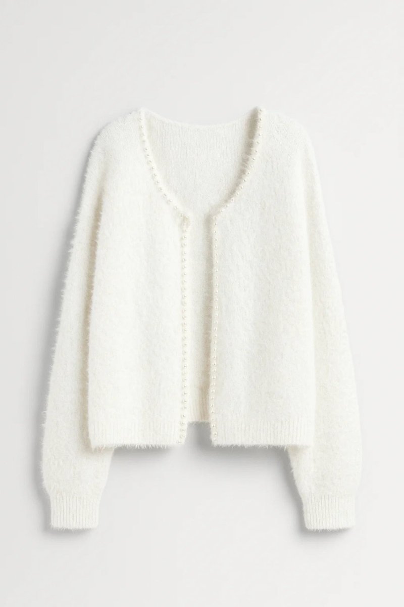 Evelyn Pearl-Trim Fluffy Knit Cardigan