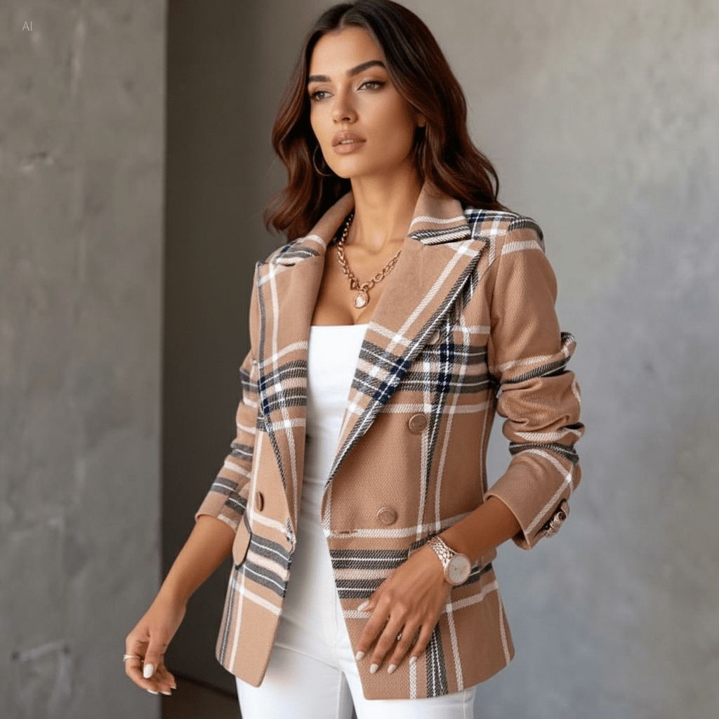 Evelyn Plaid Double-Breasted Tailored Blazer