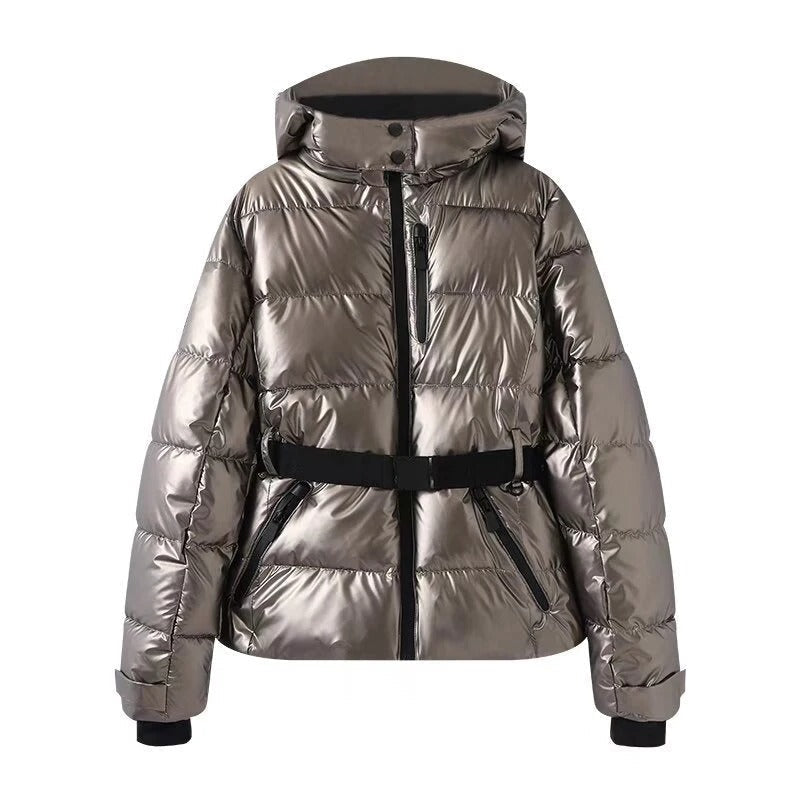 Freja Metallic Belted Hooded Ski Puffer Jacket