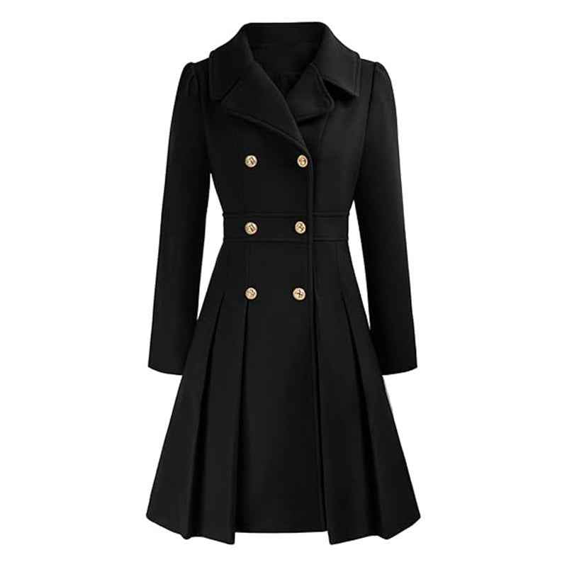 Freja Pleated Double-Breasted Skirted Wool-Blend Coat