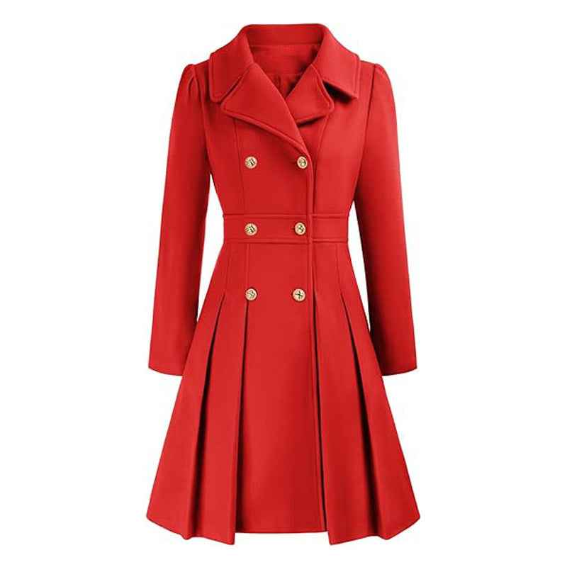 Freja Pleated Double-Breasted Skirted Wool-Blend Coat