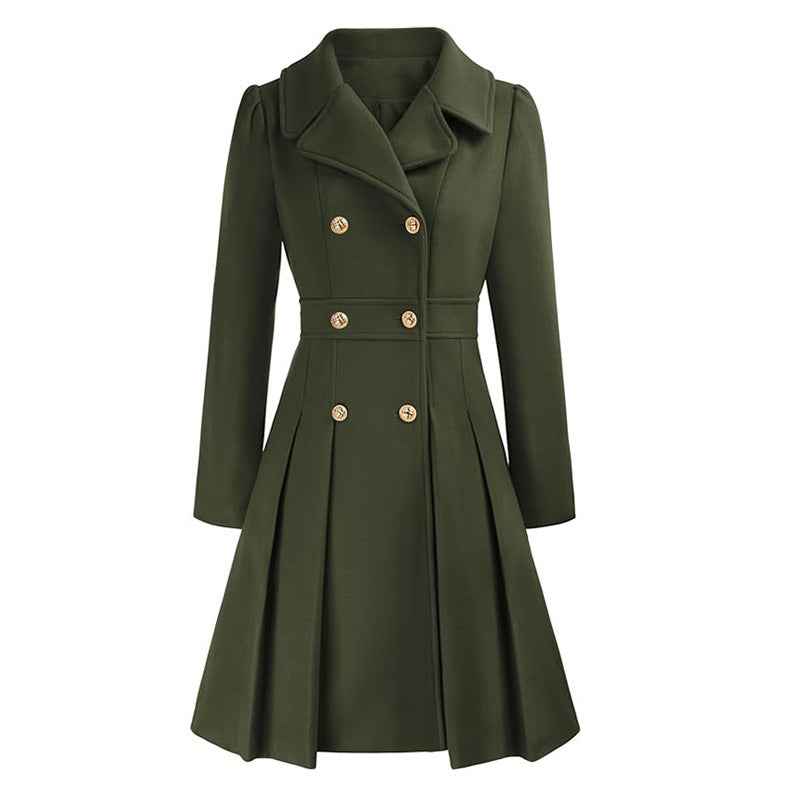 Freja Pleated Double-Breasted Skirted Wool-Blend Coat