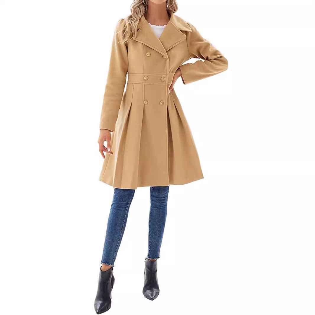 Freja Pleated Double-Breasted Skirted Wool-Blend Coat