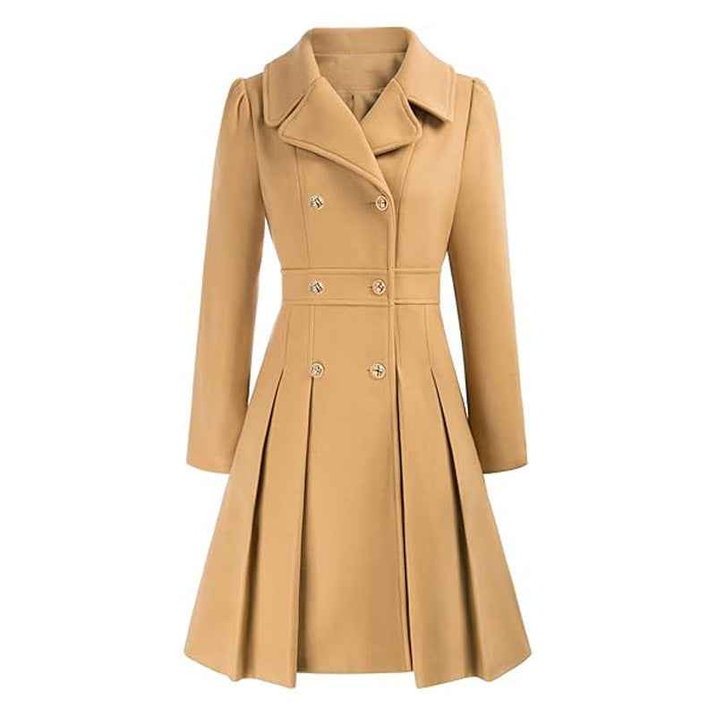 Freja Pleated Double-Breasted Skirted Wool-Blend Coat