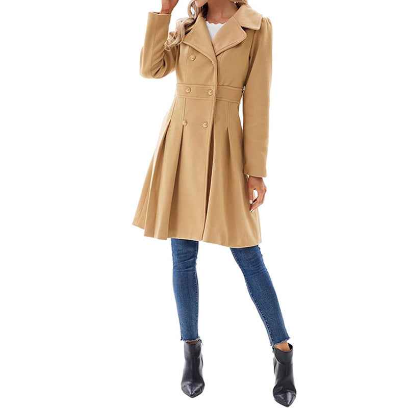Freja Pleated Double-Breasted Skirted Wool-Blend Coat