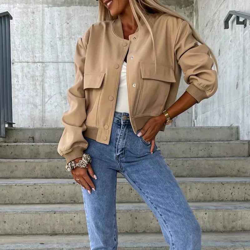 Freja Utility Leather-Look Bomber Jacket