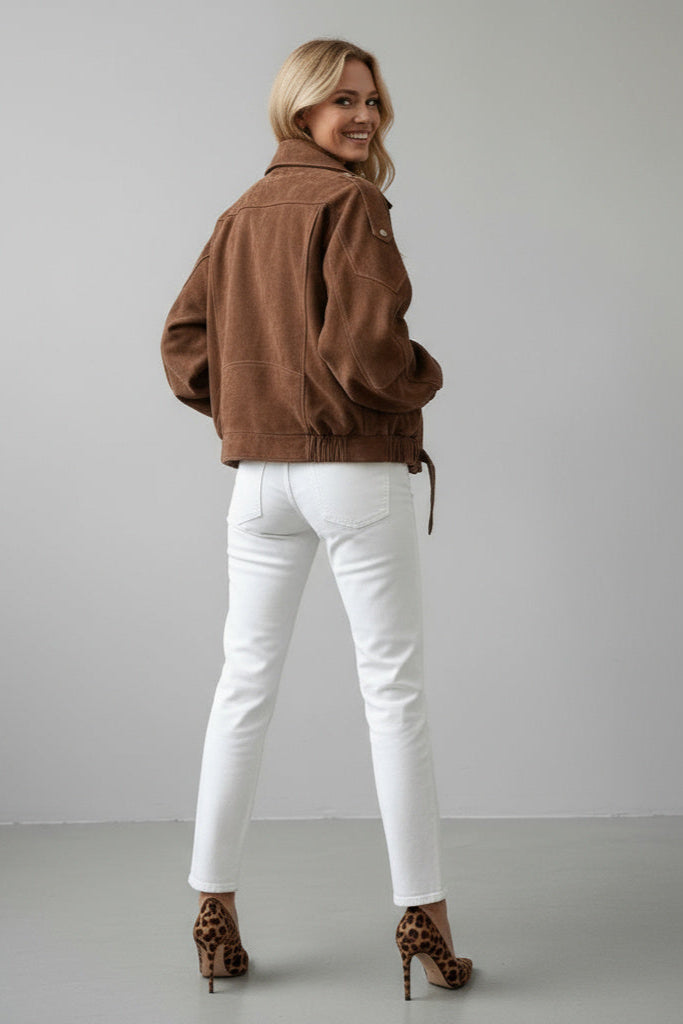 Freja Vintage-Style Belted Suede-Look Biker Jacket