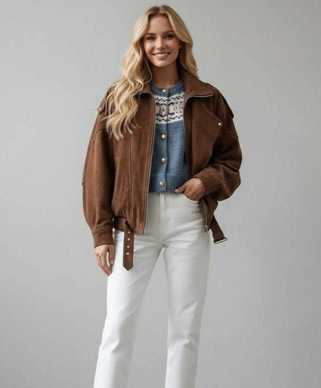 Freja Vintage-Style Belted Suede-Look Biker Jacket