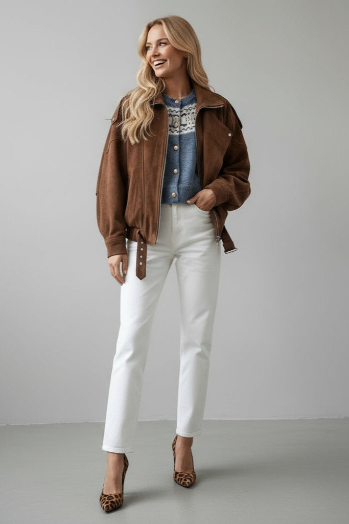 Freja Vintage-Style Belted Suede-Look Biker Jacket