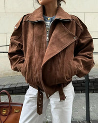 Freja Vintage-Style Belted Suede-Look Biker Jacket