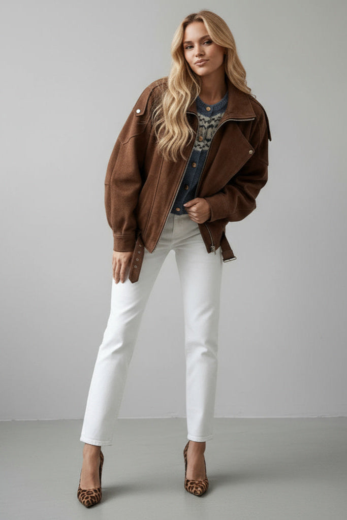 Freja Vintage-Style Belted Suede-Look Biker Jacket