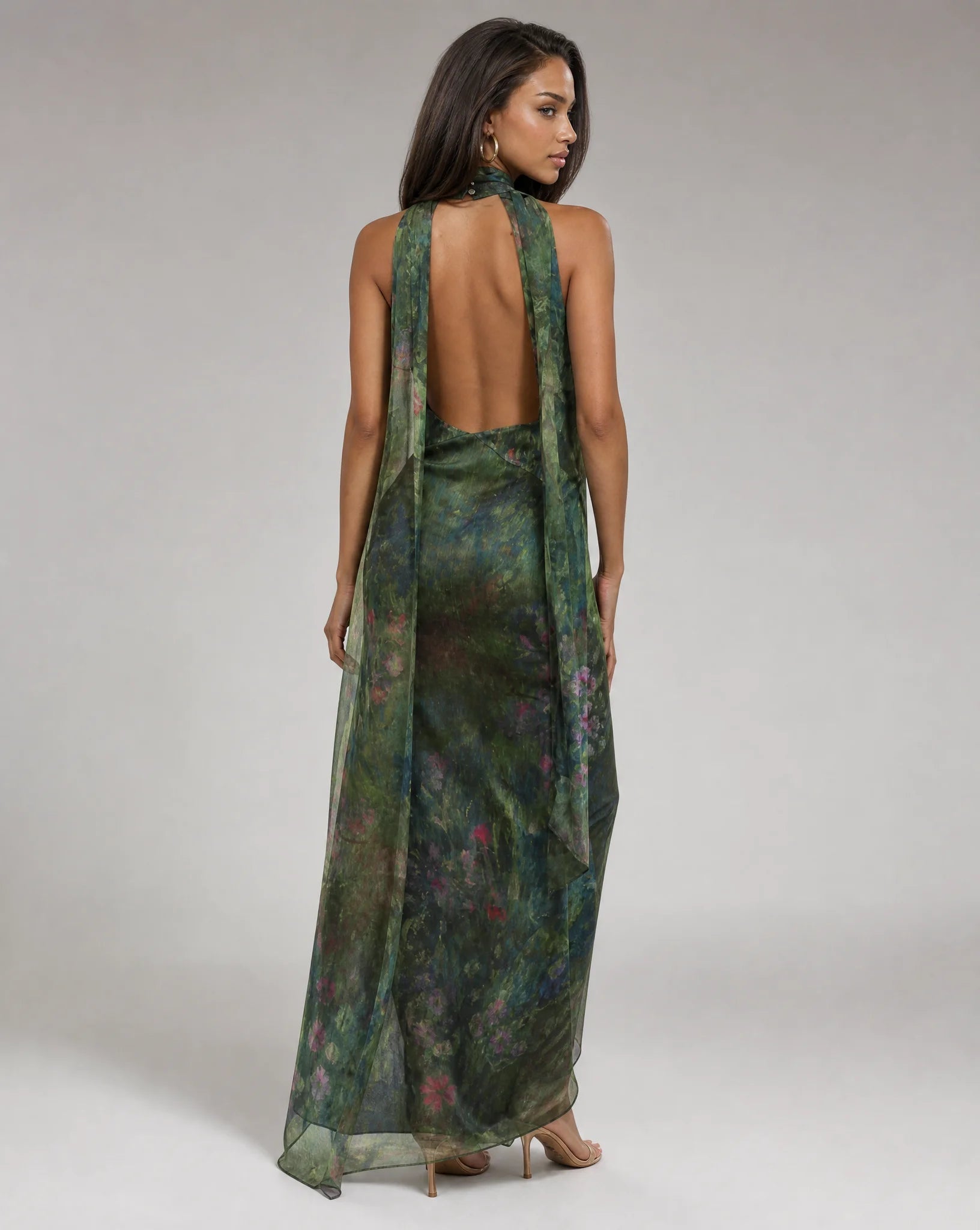 Genevieve Impressionist Keyhole Halter Maxi Dress