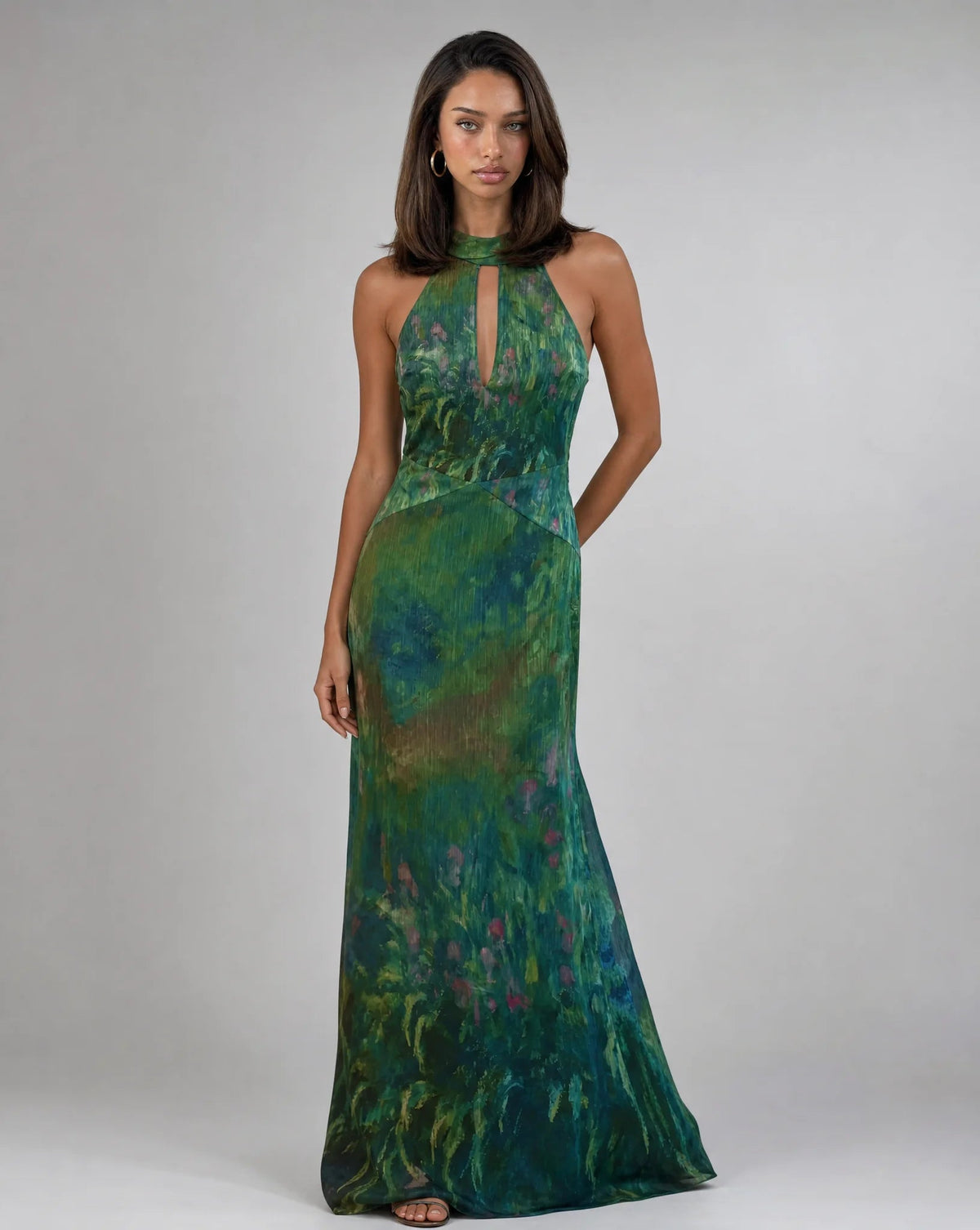 Genevieve Impressionist Keyhole Halter Maxi Dress