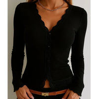 Genevieve Lace-Trim Ribbed Button-Up Top